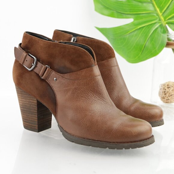 Clarks Womens Mission Parker Boost Size 7.5 Brown Leather Block Heel Lug Booties - Picture 1 of 12